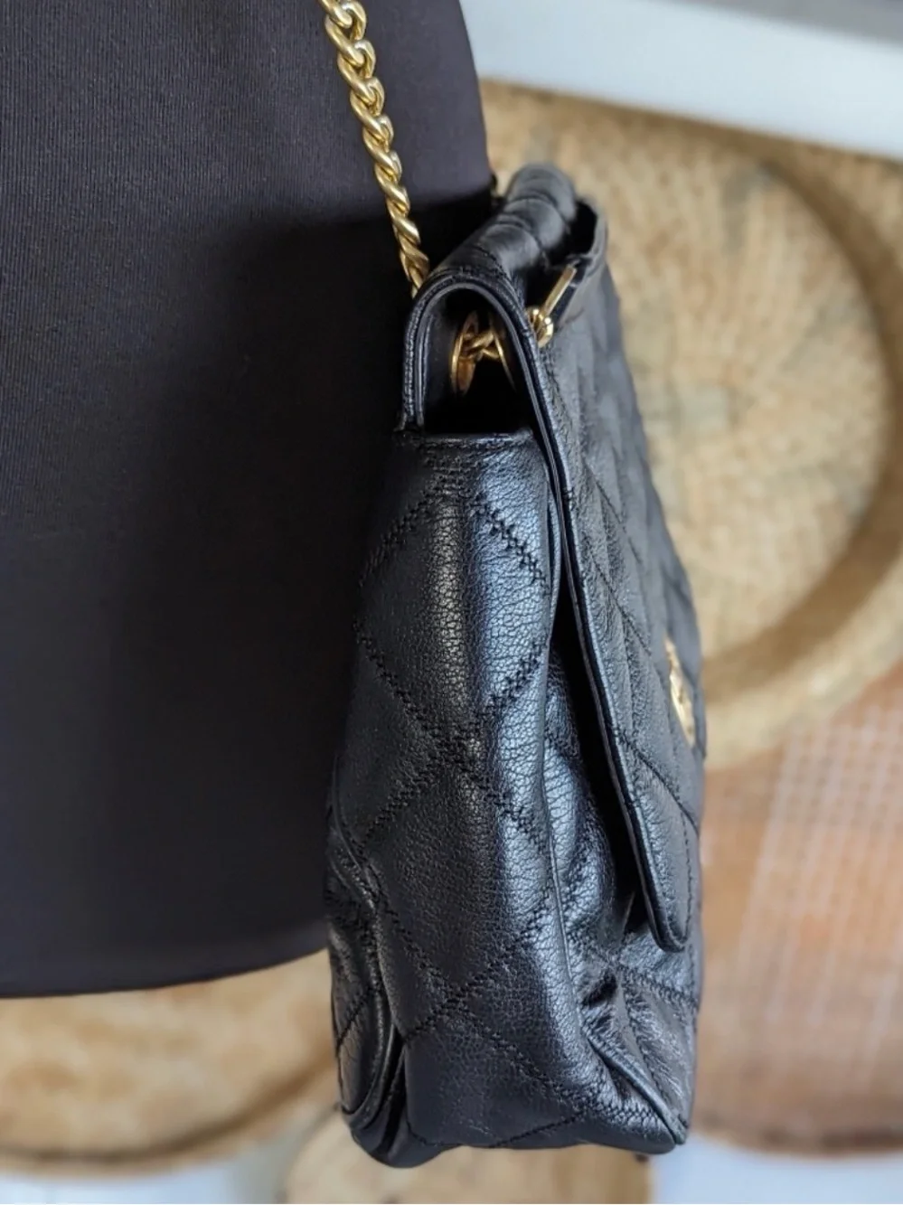 Tory Burch Black Quilted Leather Shoulder Bag with Gold Chain